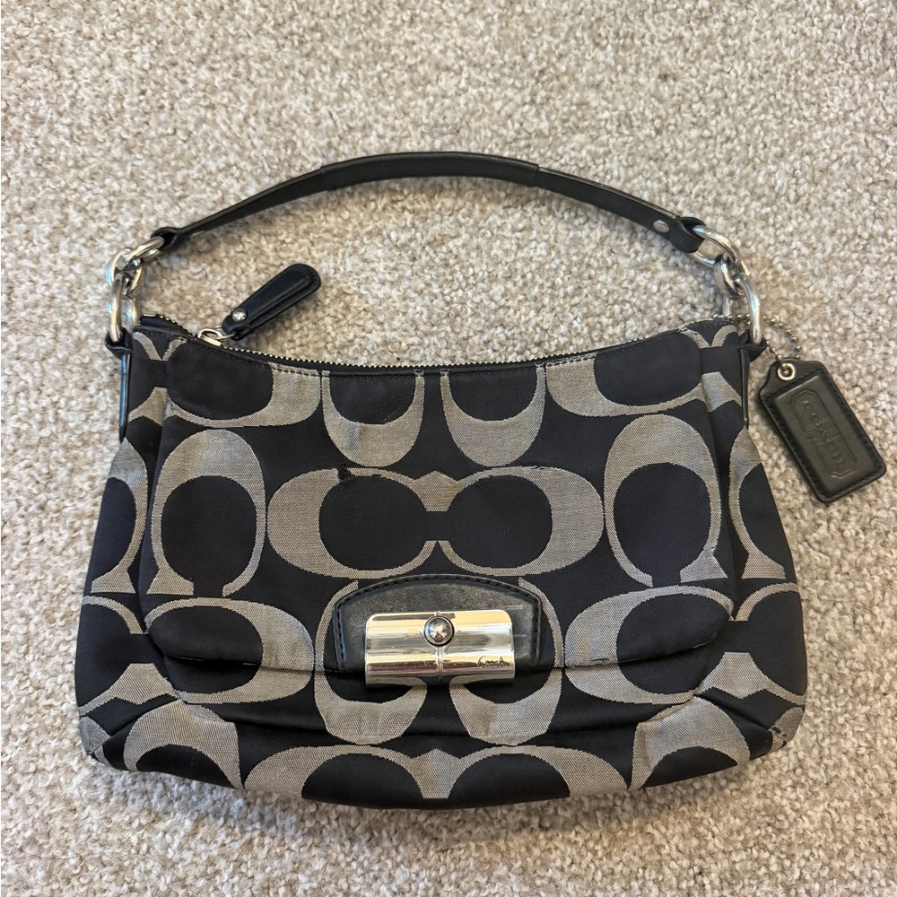 Coach Black and Gray Signature Jacquard Shoulder Bag